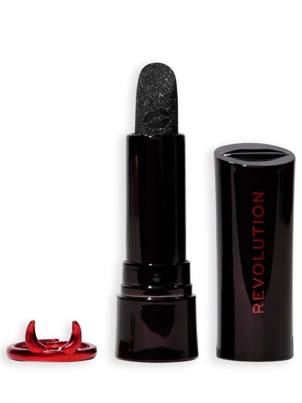 Revolution Black Glitter Lipstick with Red Devil Accent